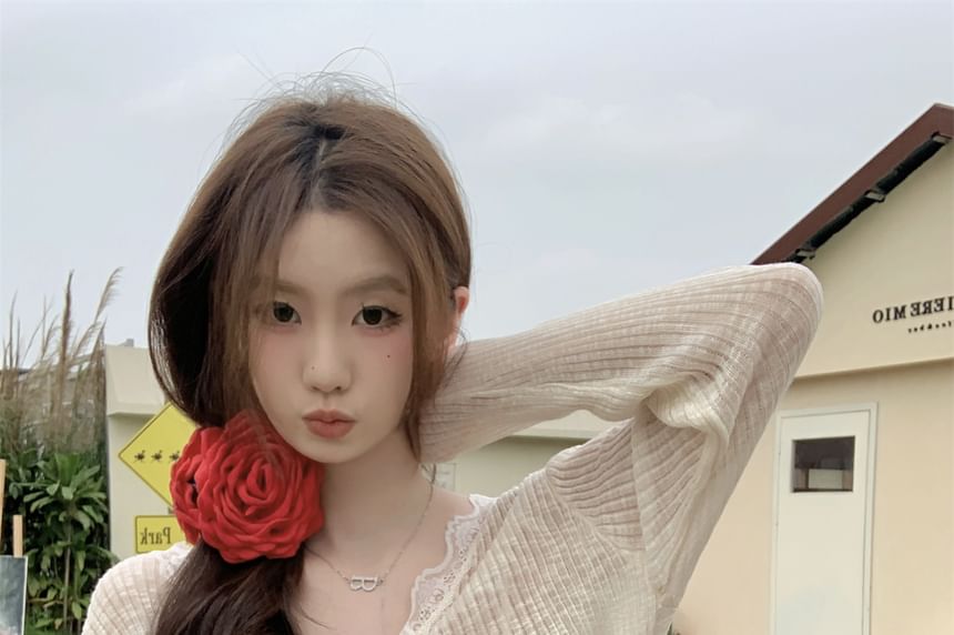 Cardigan Lace Crop One-Buttoned Plain Trim Sheer V-Neck