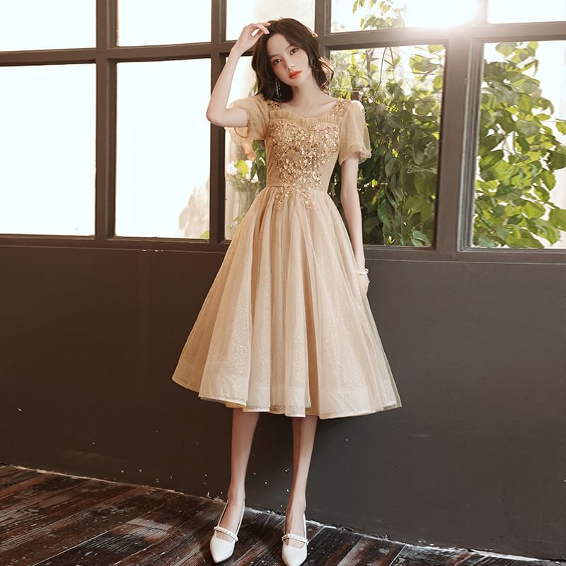 Evening / Gown Sequin Midi Short-Sleeve Dress Mesh A-Line