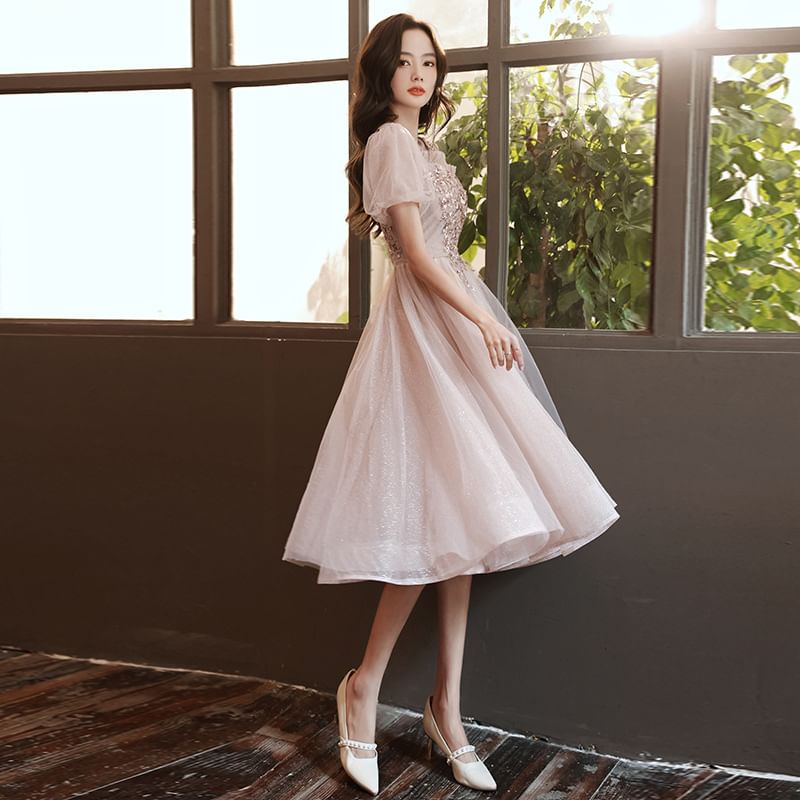 Evening / Gown Sequin Midi Short-Sleeve Dress Mesh A-Line