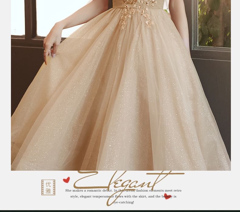 Evening / Gown Sequin Midi Short-Sleeve Dress Mesh A-Line