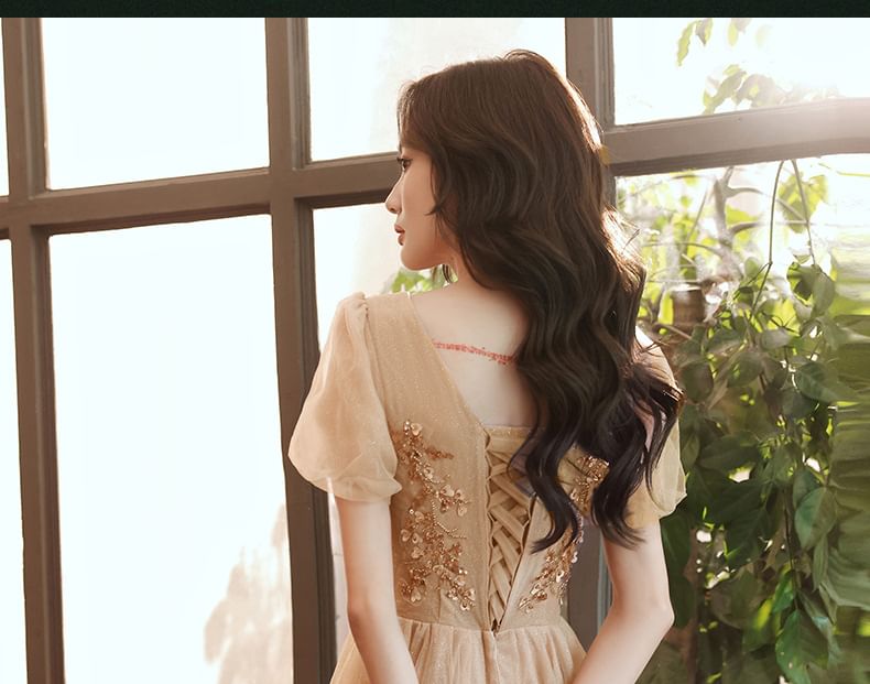 Evening / Gown Sequin Midi Short-Sleeve Dress Mesh A-Line