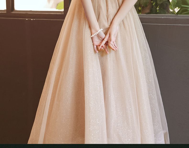 Evening / Gown Sequin Midi Short-Sleeve Dress Mesh A-Line