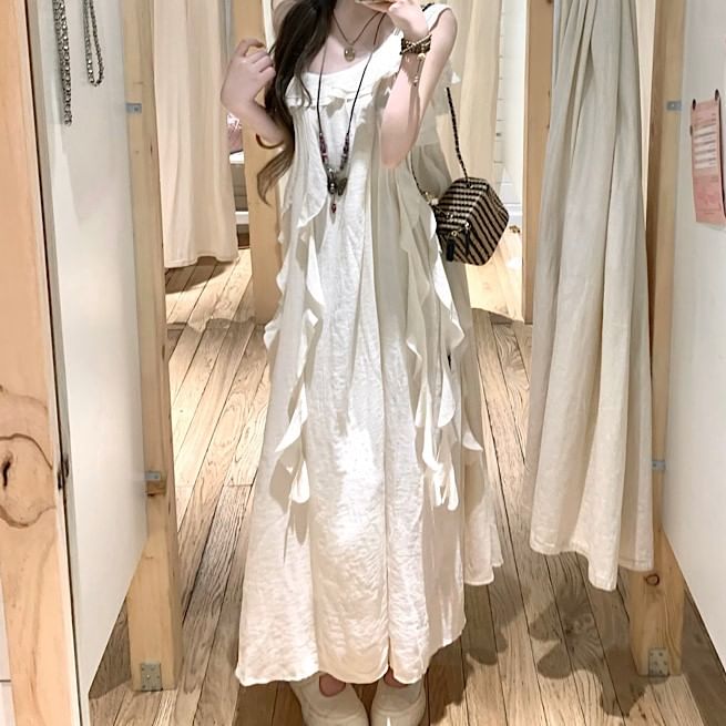 Sleeveless Ruffle Asymmetrical Plain A-Line Dress Midi Trim