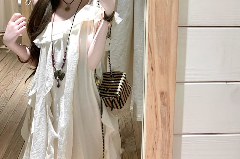 Sleeveless Ruffle Asymmetrical Plain A-Line Dress Midi Trim