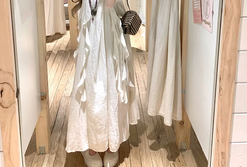 Sleeveless Ruffle Asymmetrical Plain A-Line Dress Midi Trim