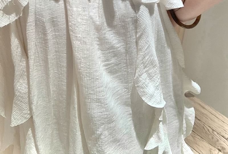 Sleeveless Ruffle Asymmetrical Plain A-Line Dress Midi Trim