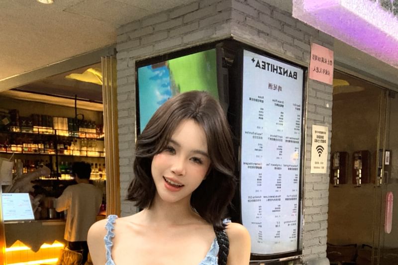 Mini Trim Bodycon Bow Plain Ruffle Spaghetti Dress Strap