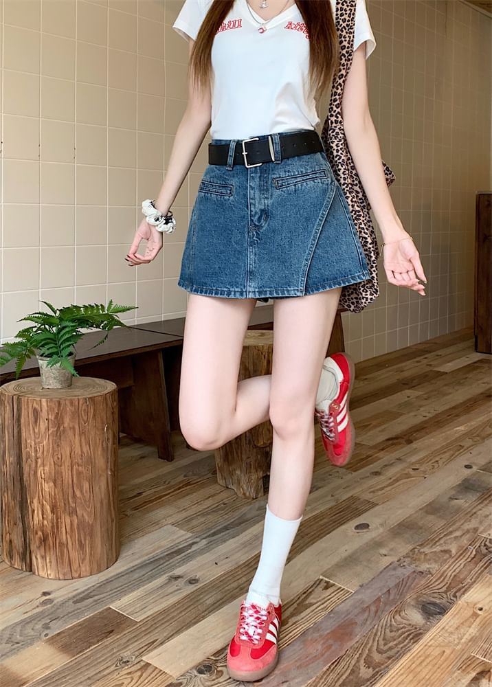 + Asymmetrical Denim Set: High Belt Skort Waist