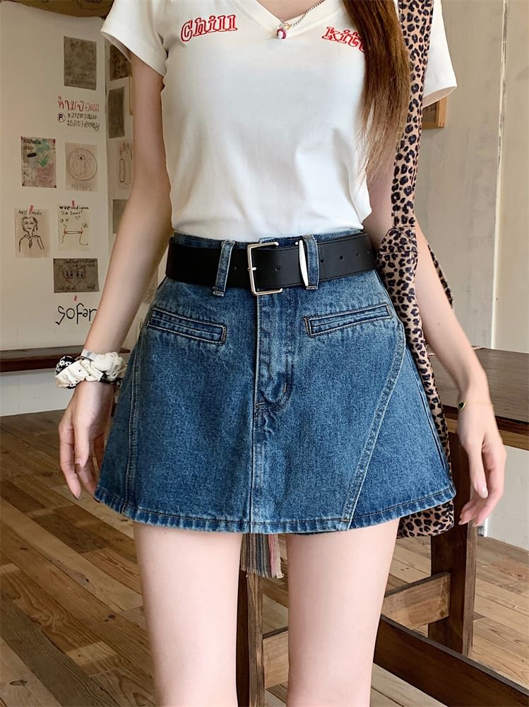 + Asymmetrical Denim Set: High Belt Skort Waist