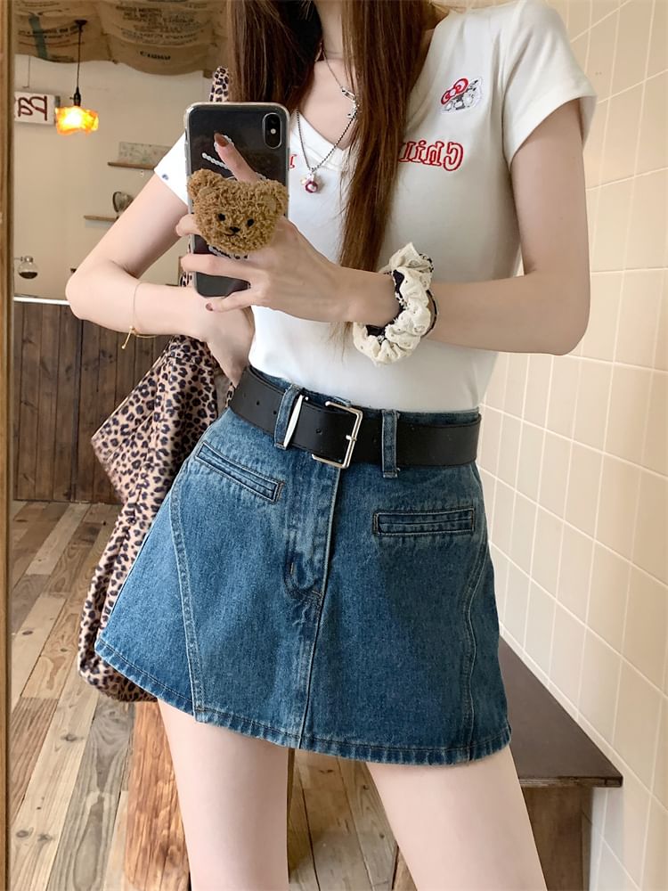 + Asymmetrical Denim Set: High Belt Skort Waist