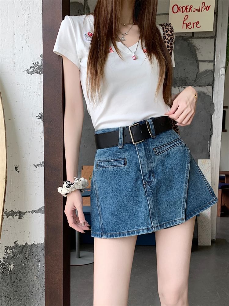 + Asymmetrical Denim Set: High Belt Skort Waist