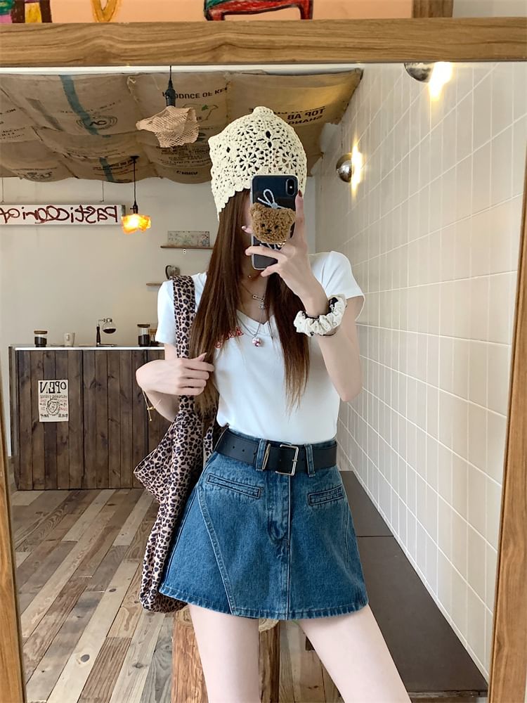 + Asymmetrical Denim Set: High Belt Skort Waist