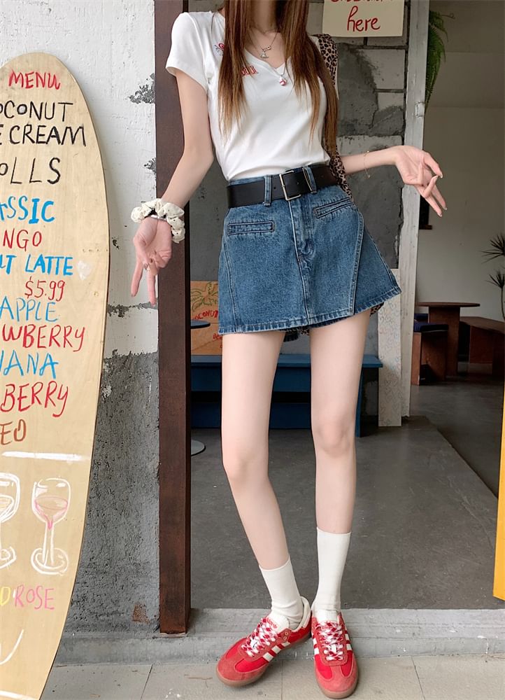 + Asymmetrical Denim Set: High Belt Skort Waist
