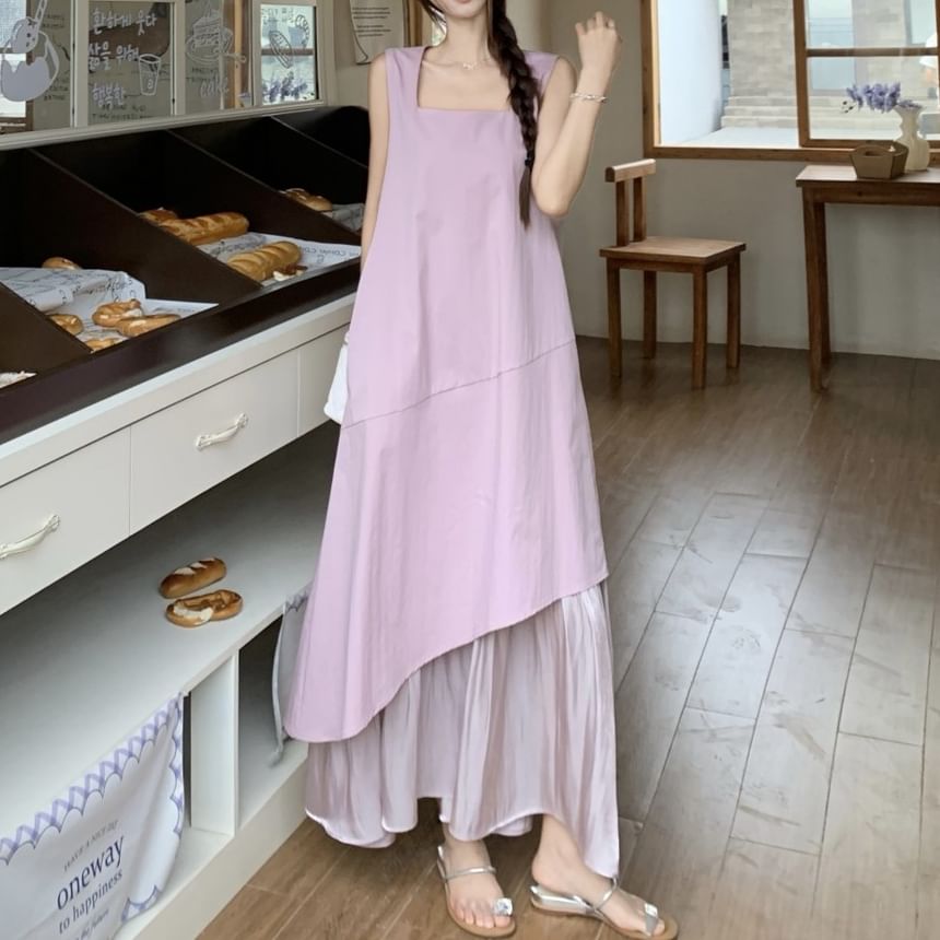 Neck Sleeveless Dress Paneled Asymmetrical A-Line Midi Square