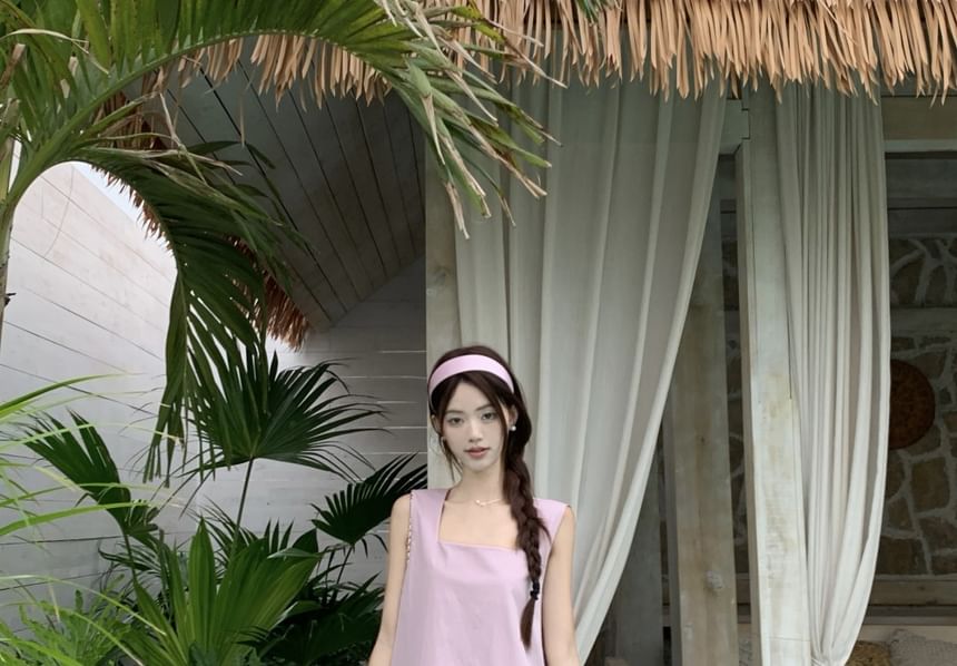 Neck Sleeveless Dress Paneled Asymmetrical A-Line Midi Square