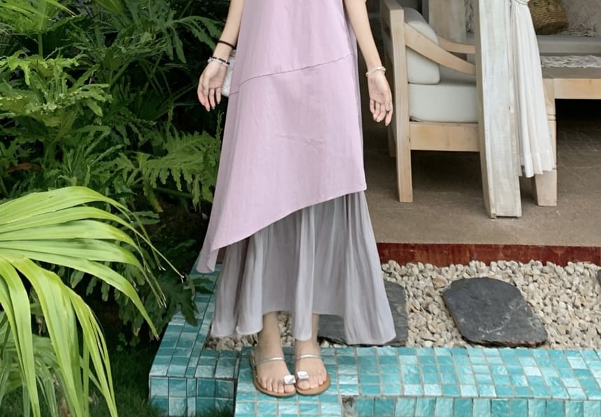 Neck Sleeveless Dress Paneled Asymmetrical A-Line Midi Square