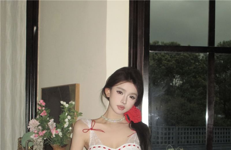 Lace Mini Dress Sleeveless A-Line Corset Panel Tone Bow Two