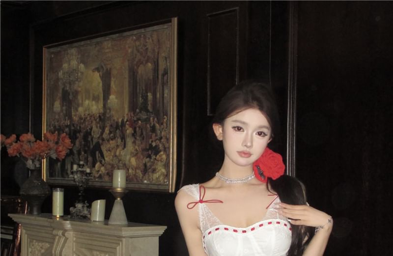 Lace Mini Dress Sleeveless A-Line Corset Panel Tone Bow Two