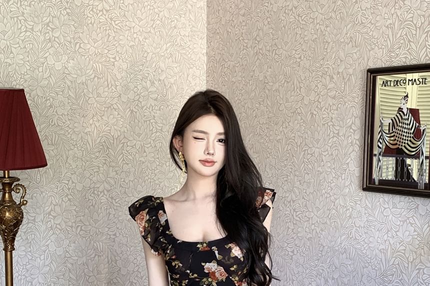 Sheath Maxi Neck Ruffle Dress Scoop Cap-Sleeve Trim Floral