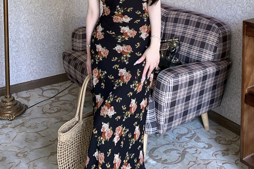 Sheath Maxi Neck Ruffle Dress Scoop Cap-Sleeve Trim Floral