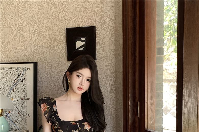 Sheath Maxi Neck Ruffle Dress Scoop Cap-Sleeve Trim Floral