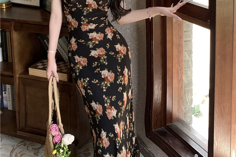 Sheath Maxi Neck Ruffle Dress Scoop Cap-Sleeve Trim Floral