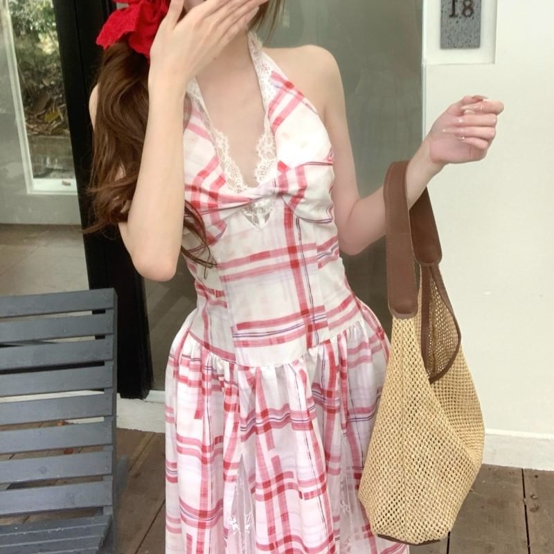 Lace Halter Dress A-Line Midi Back Plaid Panel Open