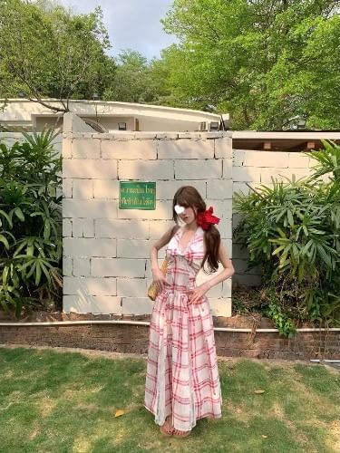 Lace Halter Dress A-Line Midi Back Plaid Panel Open