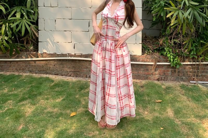 Lace Halter Dress A-Line Midi Back Plaid Panel Open