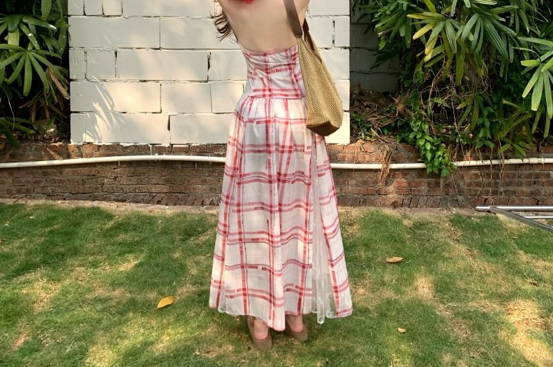 Lace Halter Dress A-Line Midi Back Plaid Panel Open