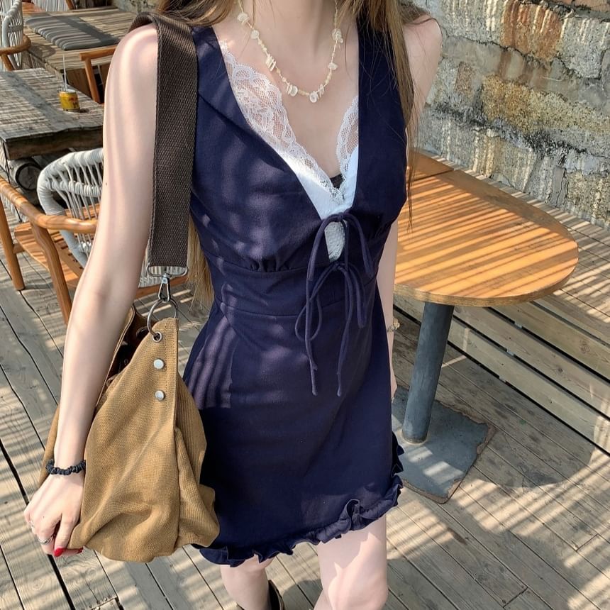 V-Neck Lace Bow A-Line Panel Dress Sleeveless Mini