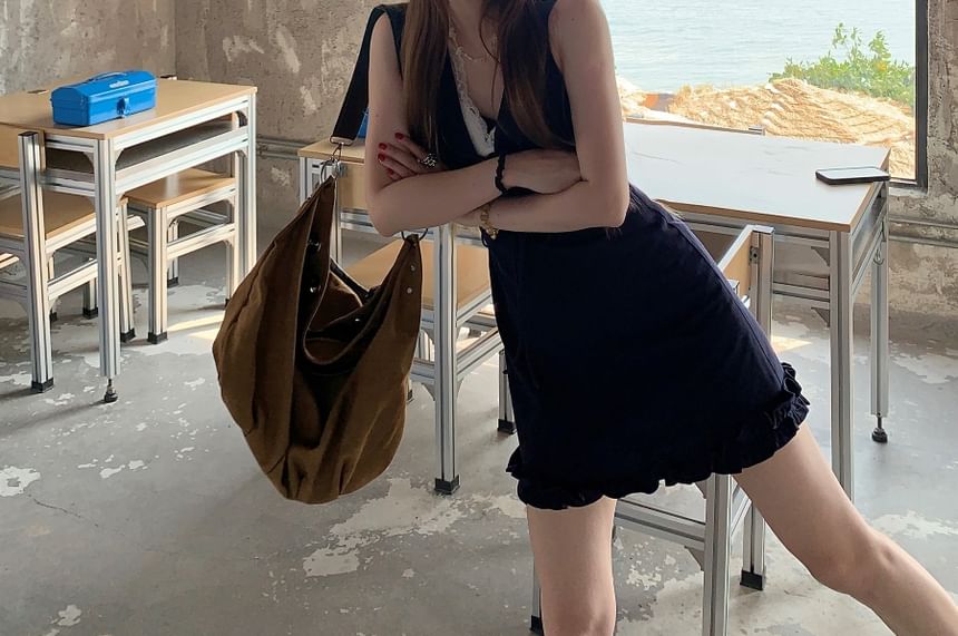 V-Neck Lace Bow A-Line Panel Dress Sleeveless Mini