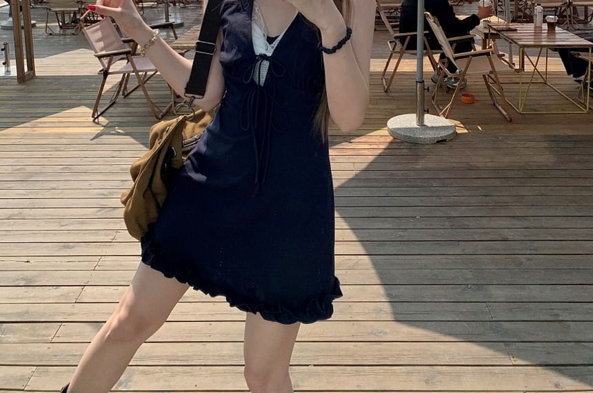 V-Neck Lace Bow A-Line Panel Dress Sleeveless Mini