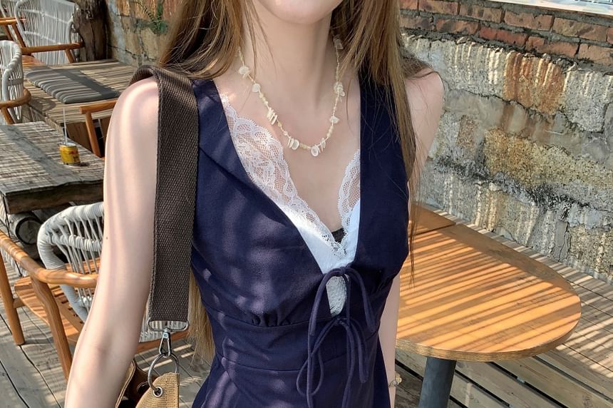 V-Neck Lace Bow A-Line Panel Dress Sleeveless Mini