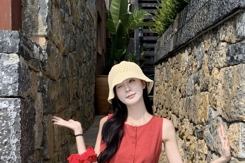 Plain Sleeveless A-Line Button Round Mini Neck Dress