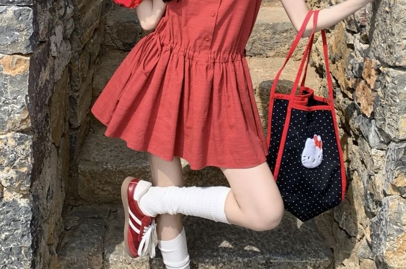 Plain Sleeveless A-Line Button Round Mini Neck Dress