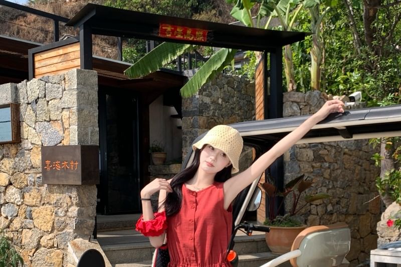 Plain Sleeveless A-Line Button Round Mini Neck Dress