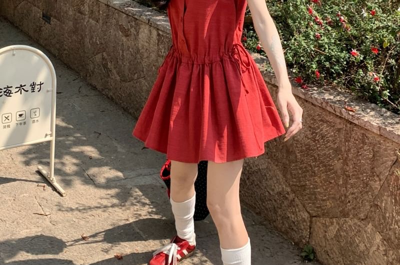 Plain Sleeveless A-Line Button Round Mini Neck Dress