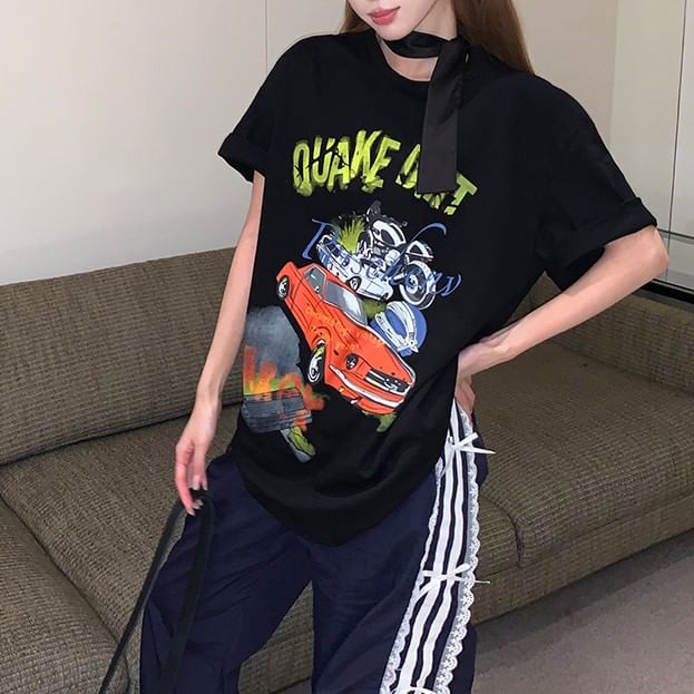 Dress Graphic Round Tee Spaghetti / Print Short-Sleeve Neck Bodycon Strap Mini