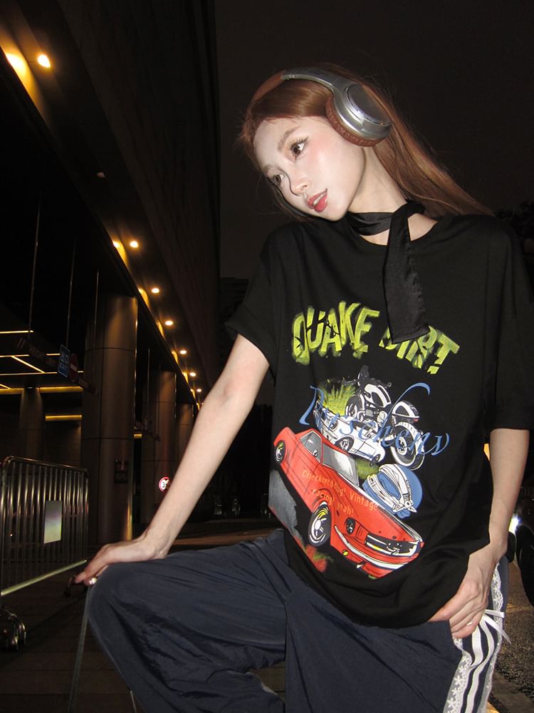 Dress Graphic Round Tee Spaghetti / Print Short-Sleeve Neck Bodycon Strap Mini