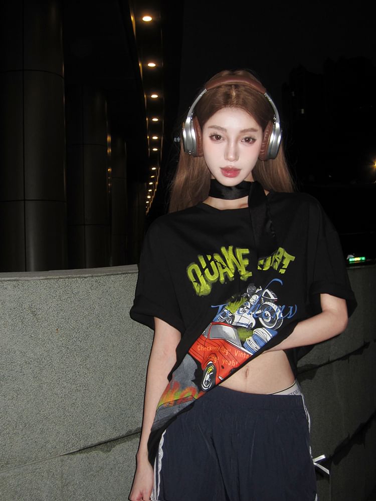 Dress Graphic Round Tee Spaghetti / Print Short-Sleeve Neck Bodycon Strap Mini