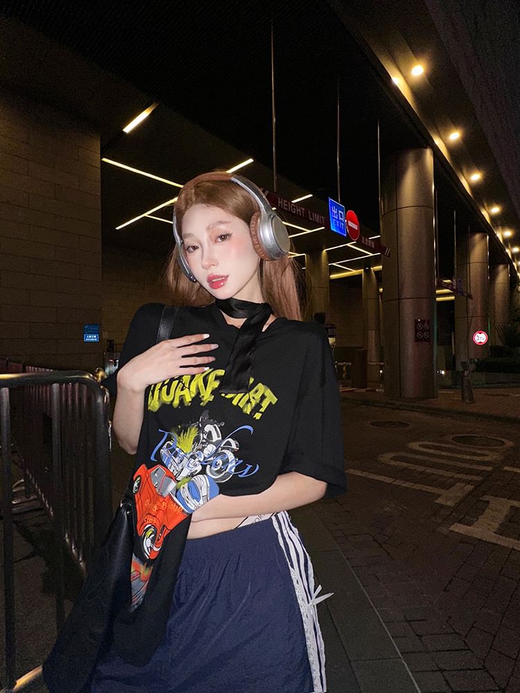 Dress Graphic Round Tee Spaghetti / Print Short-Sleeve Neck Bodycon Strap Mini