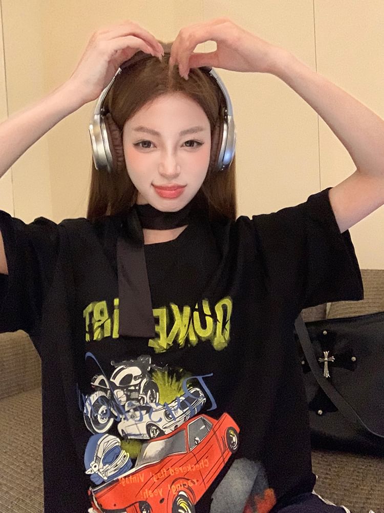 Dress Graphic Round Tee Spaghetti / Print Short-Sleeve Neck Bodycon Strap Mini