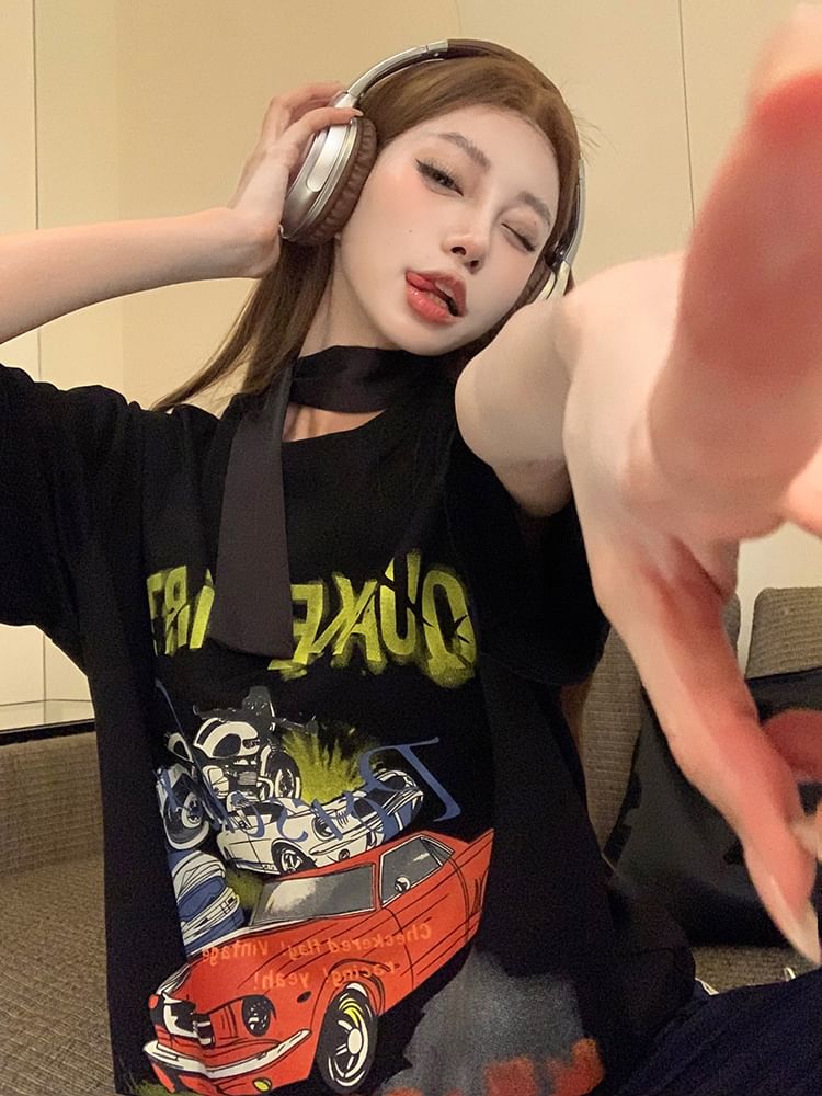 Dress Graphic Round Tee Spaghetti / Print Short-Sleeve Neck Bodycon Strap Mini