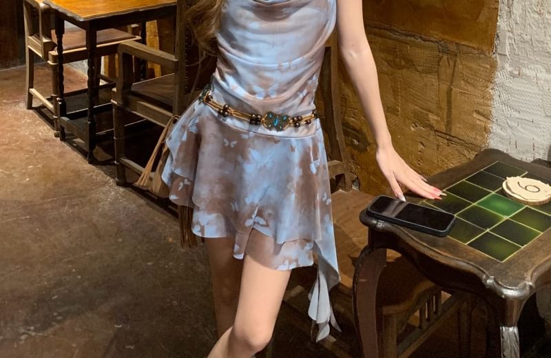 Strap A-Line Spaghetti Cowl Mini Butterfly Asymmetrical Print Dress Neck