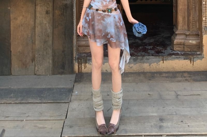 Strap A-Line Spaghetti Cowl Mini Butterfly Asymmetrical Print Dress Neck