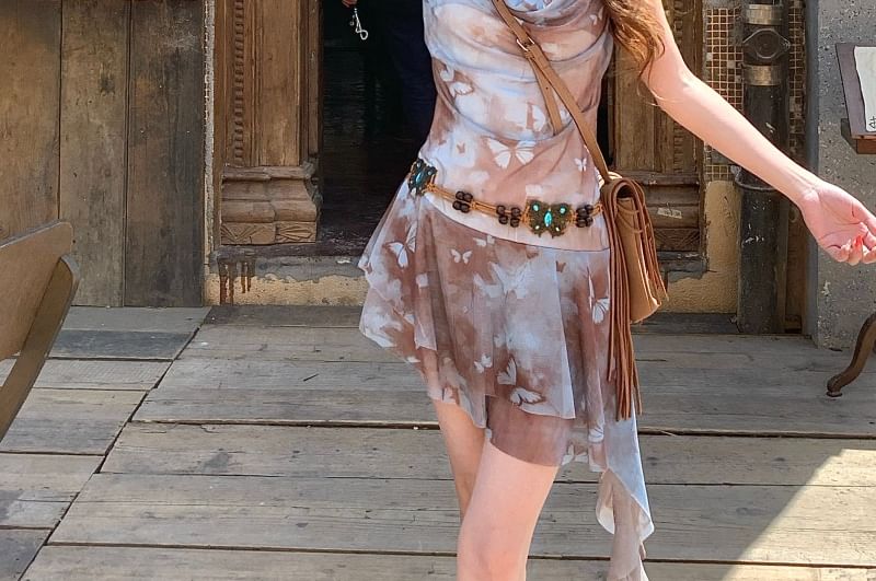 Strap A-Line Spaghetti Cowl Mini Butterfly Asymmetrical Print Dress Neck