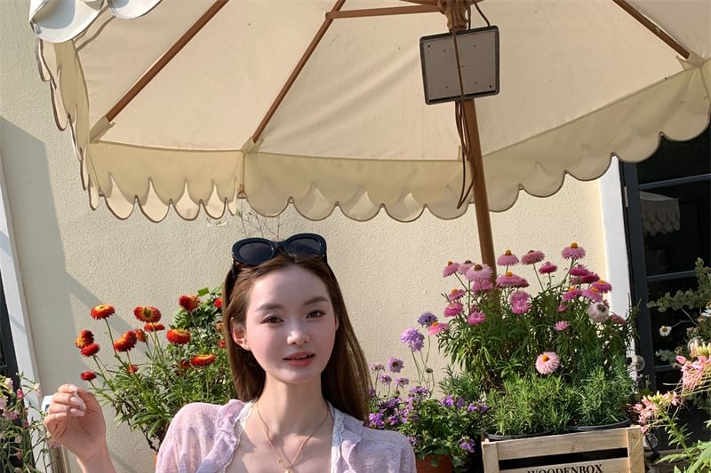 Mini Lace Bow Dress Panel / Cardigan Ruched Trim Spaghetti Ruffle Strap Melange A-Line