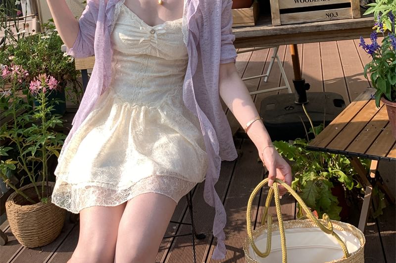 Mini Lace Bow Dress Panel / Cardigan Ruched Trim Spaghetti Ruffle Strap Melange A-Line