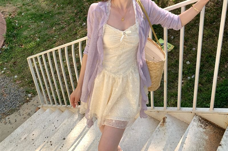 Mini Lace Bow Dress Panel / Cardigan Ruched Trim Spaghetti Ruffle Strap Melange A-Line